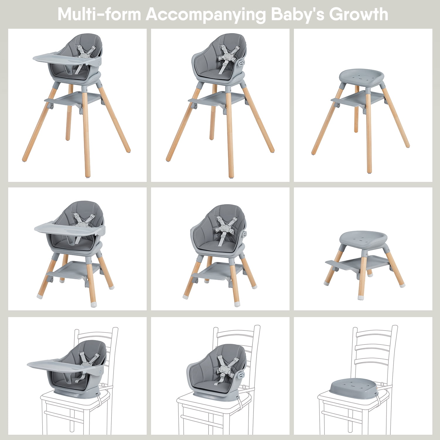 11-in-1 Convertible High Chair for Baby, Wooden Baby Booster seat & Toddler Chair with Double Tray, Clean Easily & PU Cushion.White