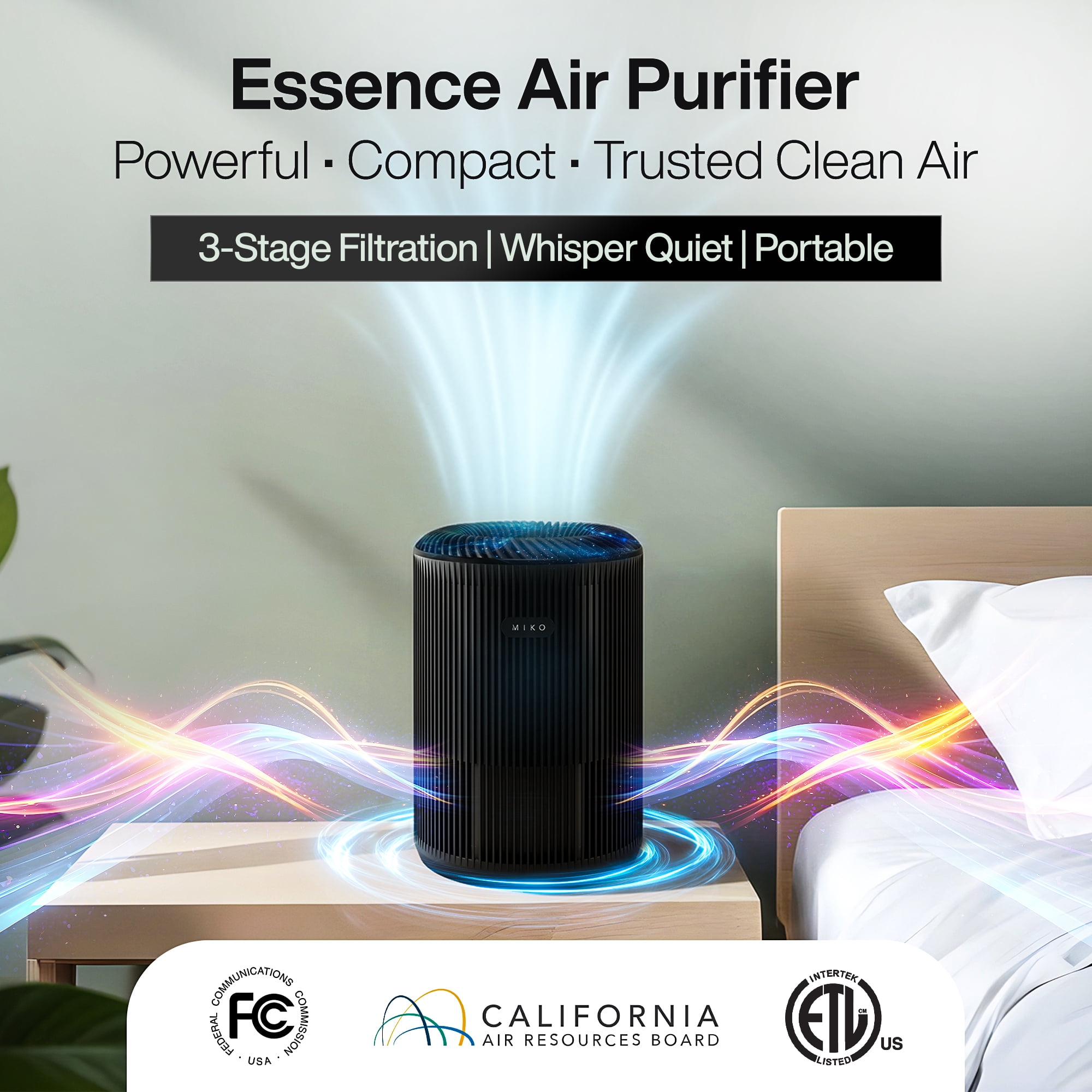 Miko Essence Air Purifier for 1000 Sq Ft with H13 True HEPA Filter, Activated Carbon, Quiet Sleep Mode, Timer, Portable Cleaner for Smoke and Dust