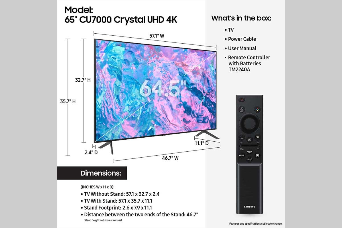 SAMSUNG 65" Class CU7000 Crystal UHD 4K Smart TV UN65CU7000FXZA New