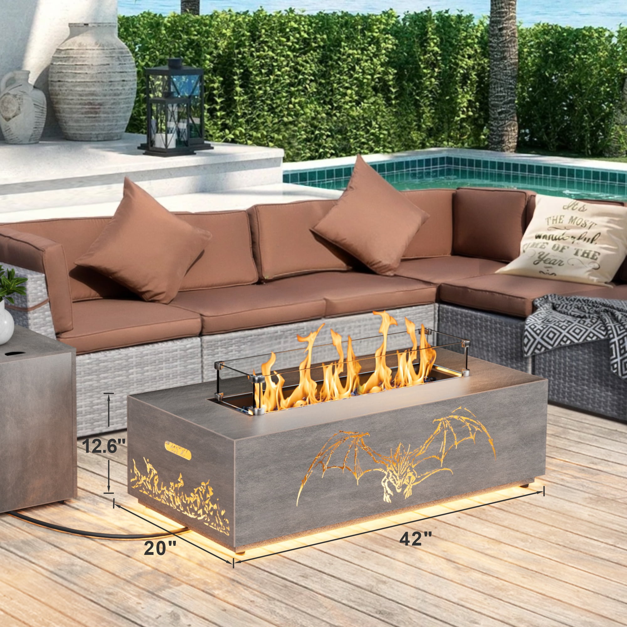 Evita 42" Fire Pits for Outside 50,000 BTU Propane Fire Pit for Outside Patio, Outdoor Fire Pit Table with Golden LED Lights
