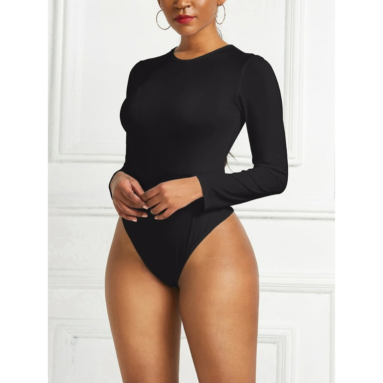 Women's 2 Piece Ribbed Sexy Bodysuit Scoop Neck Long Sleeve Bodycon  Bodysuits-Black & Brown,XL