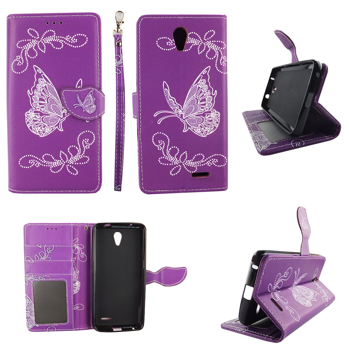 White Butterfly Purple Wallet Folio Case for ZTE Prestige Z9132 Avid Plus  Z828 Fashion Flip PU Leather Cover Card Cash Slots & Stand