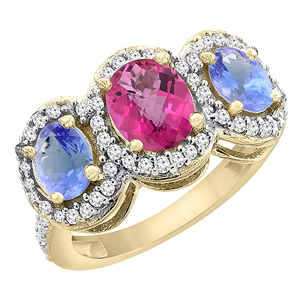 14K Yellow Gold Natural Pink Sapphire & Tanzanite 3-Stone Ring Oval Diamond Accent, size 5.5 by Gabriella Gold