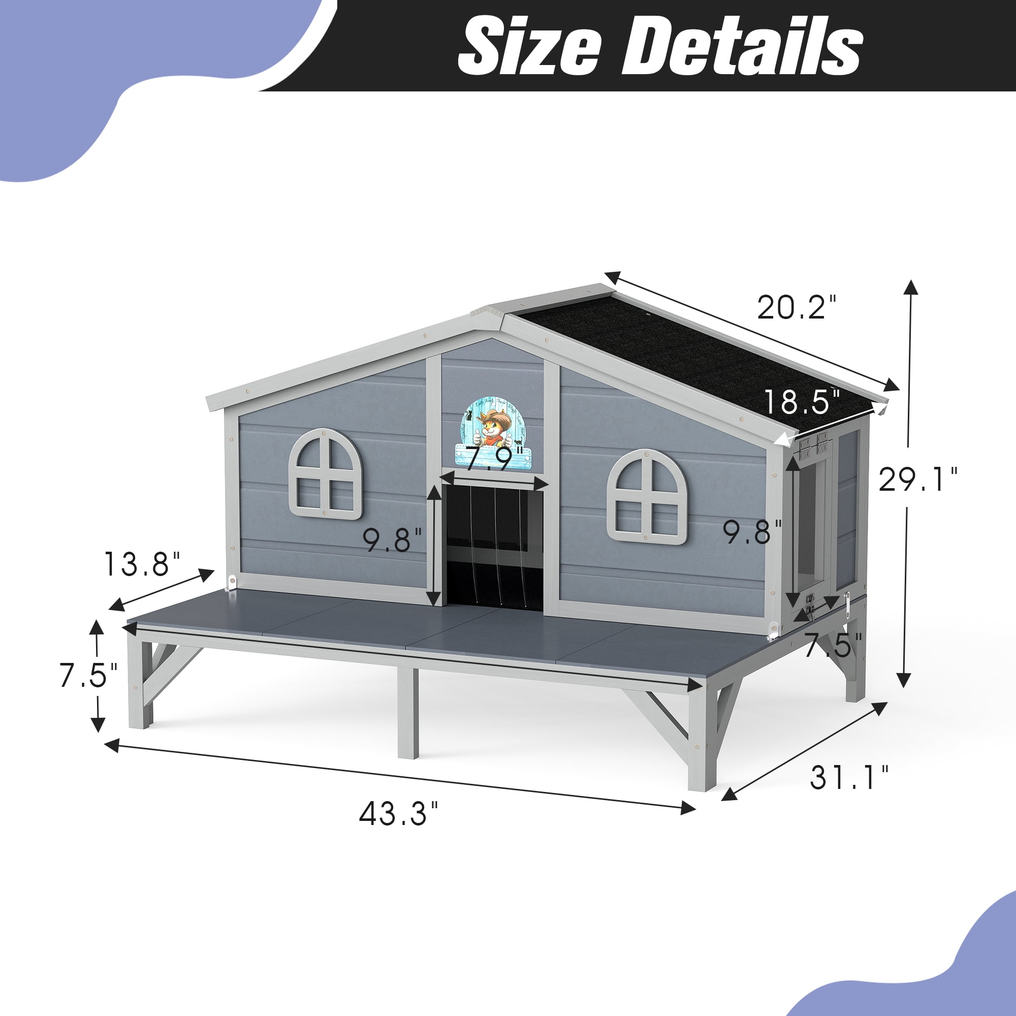 Pefilos 43" Outdoor Cat House for Cats, Wooden Cat Condo All Weather Weatherproof Cat Shelter with and Escape Door, Gray