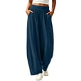 thumbnail image 2 of TEAJOPSUU Womens Casual Pleated Wide Leg Pants with Pockets Flowy High Waisted Elastic Palazzo Pants Comfy Soft Solid Color Trouses Blue, 2 of 8