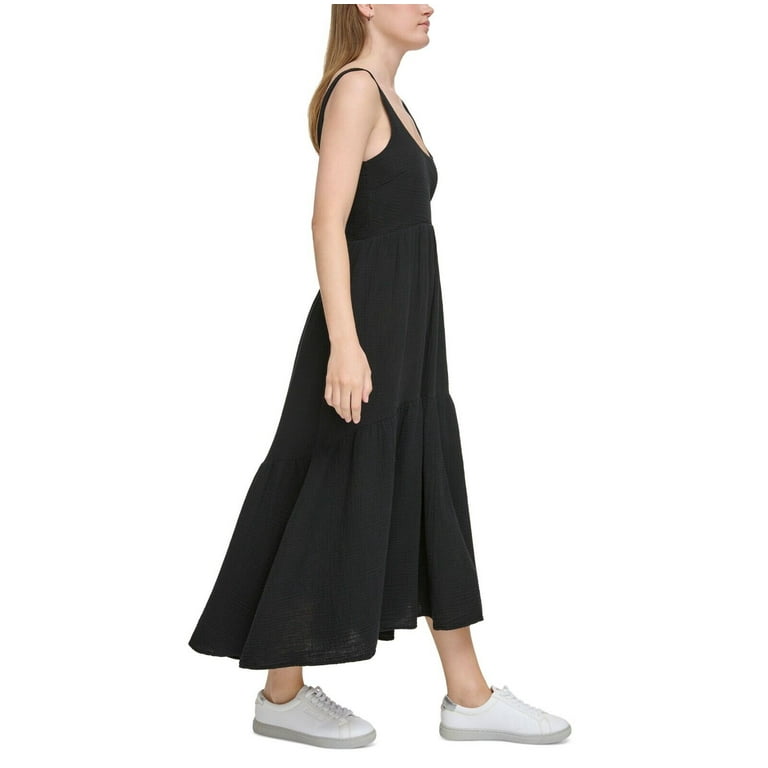 calvin klein black high low dress Shani Jacquard High-Low Fit & Flare Dress Black/Gold