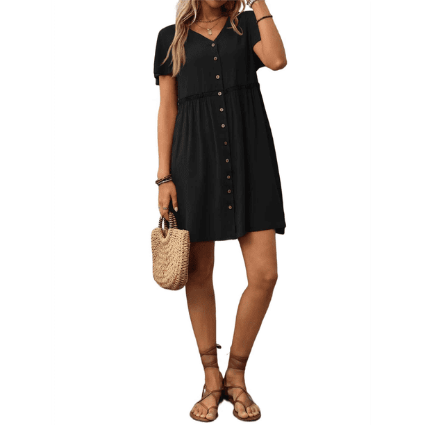 Vestido Bohemio de Fiesta para Mujer, de Corta, con Botones, Cuello en V y Bolsillos, Color Negro, Talla L