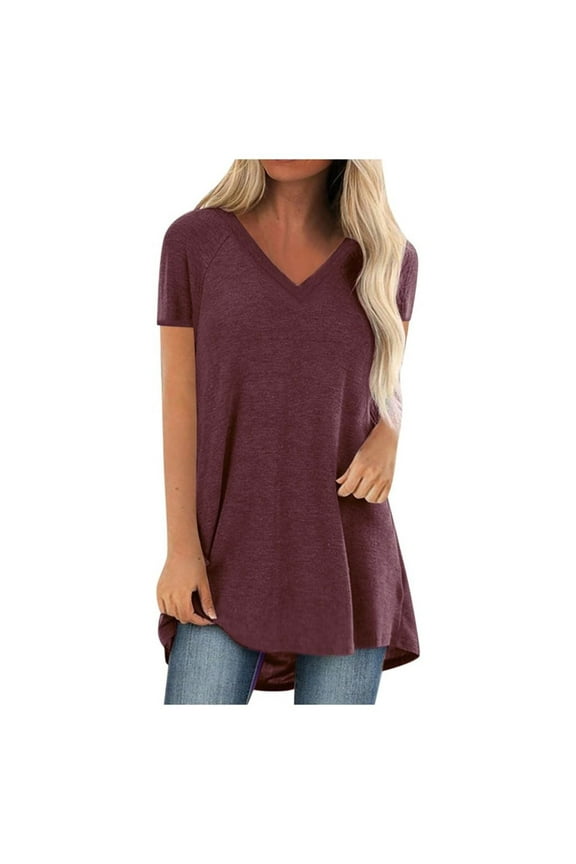 Long Tunic Tops for Womens Summer Short Sleeve Plus Size T Shirts Casual Loose Solid Color Pullover Tunic Tops To Wear With Leggings maroon XXL