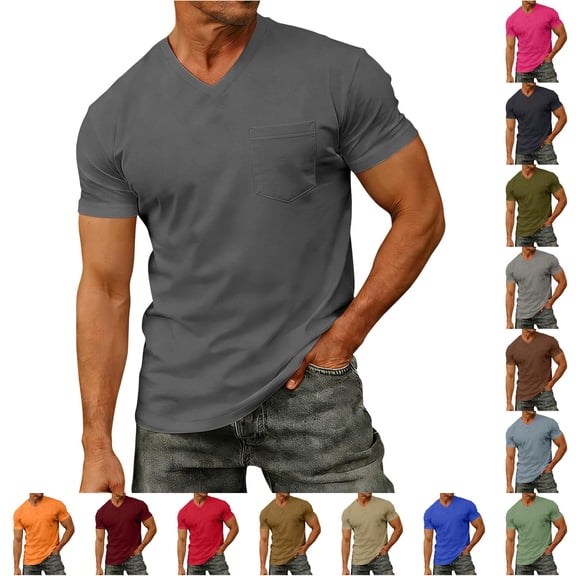 ZXLBBD Men T Shirts Short Sleeve V Neck Solid Color Comfortable Fit Basic Tee with Front Pocket for Beach Vacation Versatile Casual Outdoor T-Shirt,Dark Gray,4XL