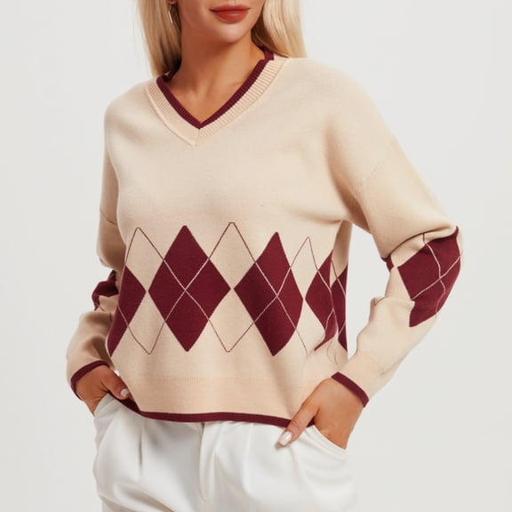 Jjayotai Women’s Long Sleeve V-Neck Argyle Sweater, Loose Fit Y2K Knitted Pullover Sweaters 2024 Beige L