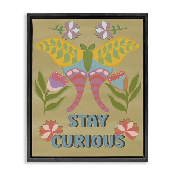 Stupell Industries Stay Curious Butterfly Quotes and Sayings Painting Black Floater Framed Canvas Art Print Wall Art, 17 x 21