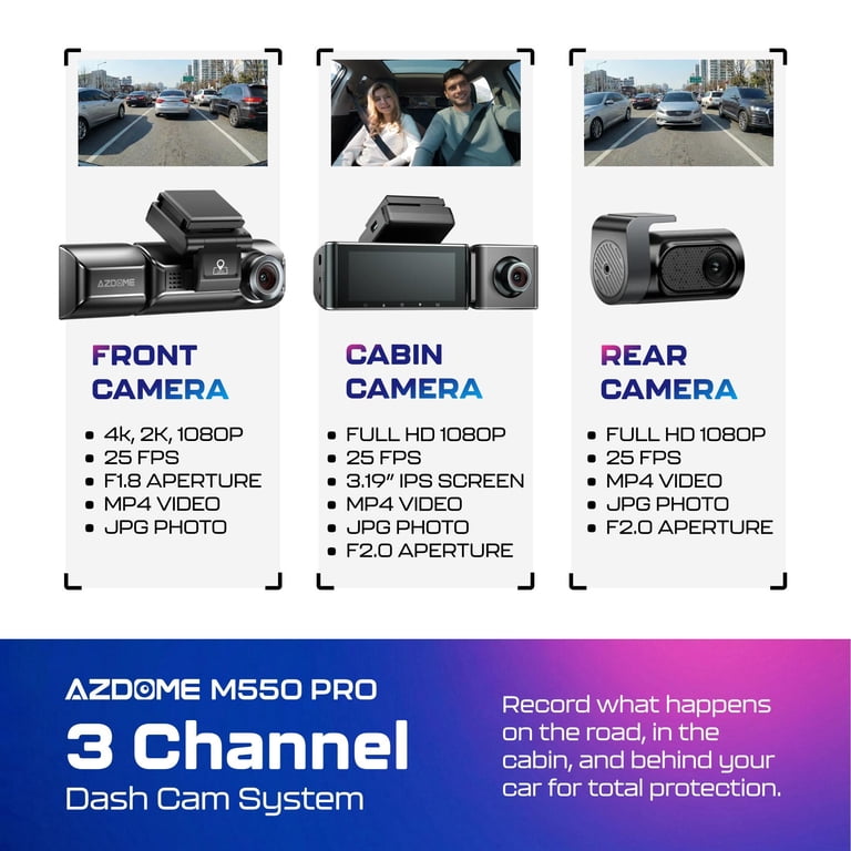 AZDOME, M550 Pro 5G WiFi 3 Channel Dash Cam, 4K Dual Front and