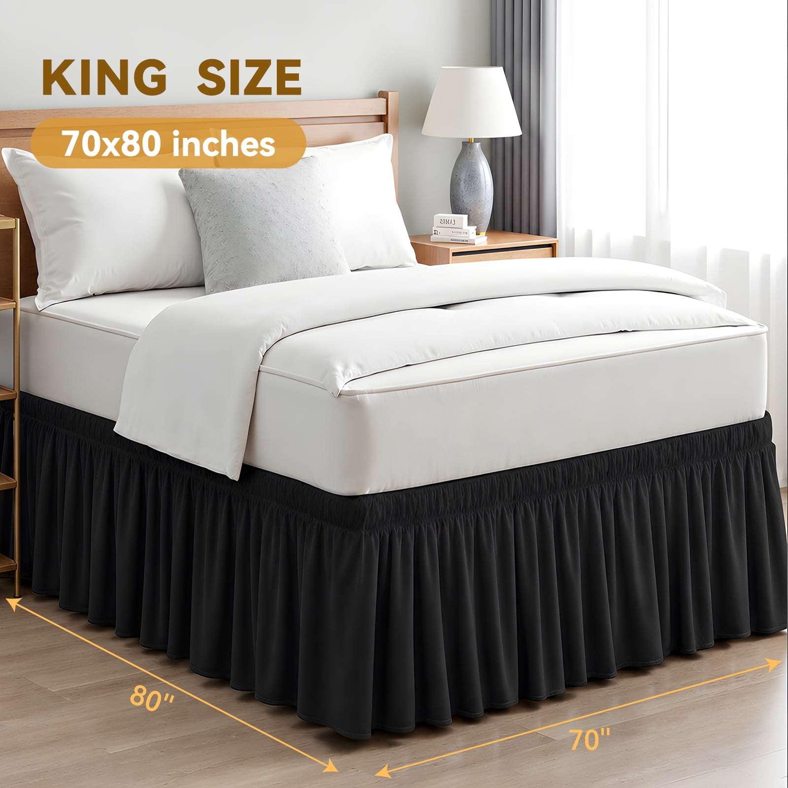 AzulHome King Bed Skirt 18 Inch Drop, 90GSM Black Dust Ruffle with Dual Elastic Bands, Adjustable Fit Cal King, Easy Care