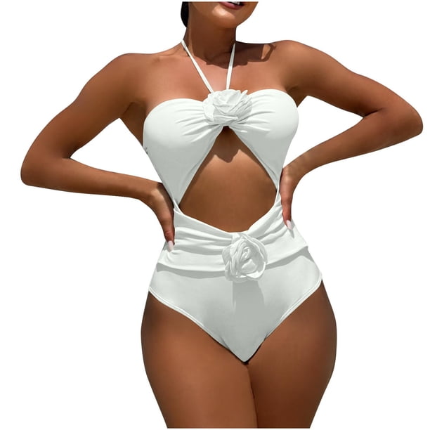 Trajes de baño de una pieza para mujer, bikini de moda de color liso con cordón y tirantes de rosas huecas, traje de baño para mujer, trajes de baño para mujer, moda de playa para mujer