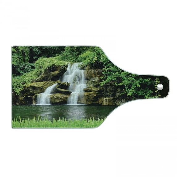 Waterfall Cutting Board, Double Waterfalls Flow to Natural Lake Bushes and Grass Like Garden Print, Decorative Tempered Glass Cutting and Serving Board, Wine Bottle Shape, Green, by Ambesonne