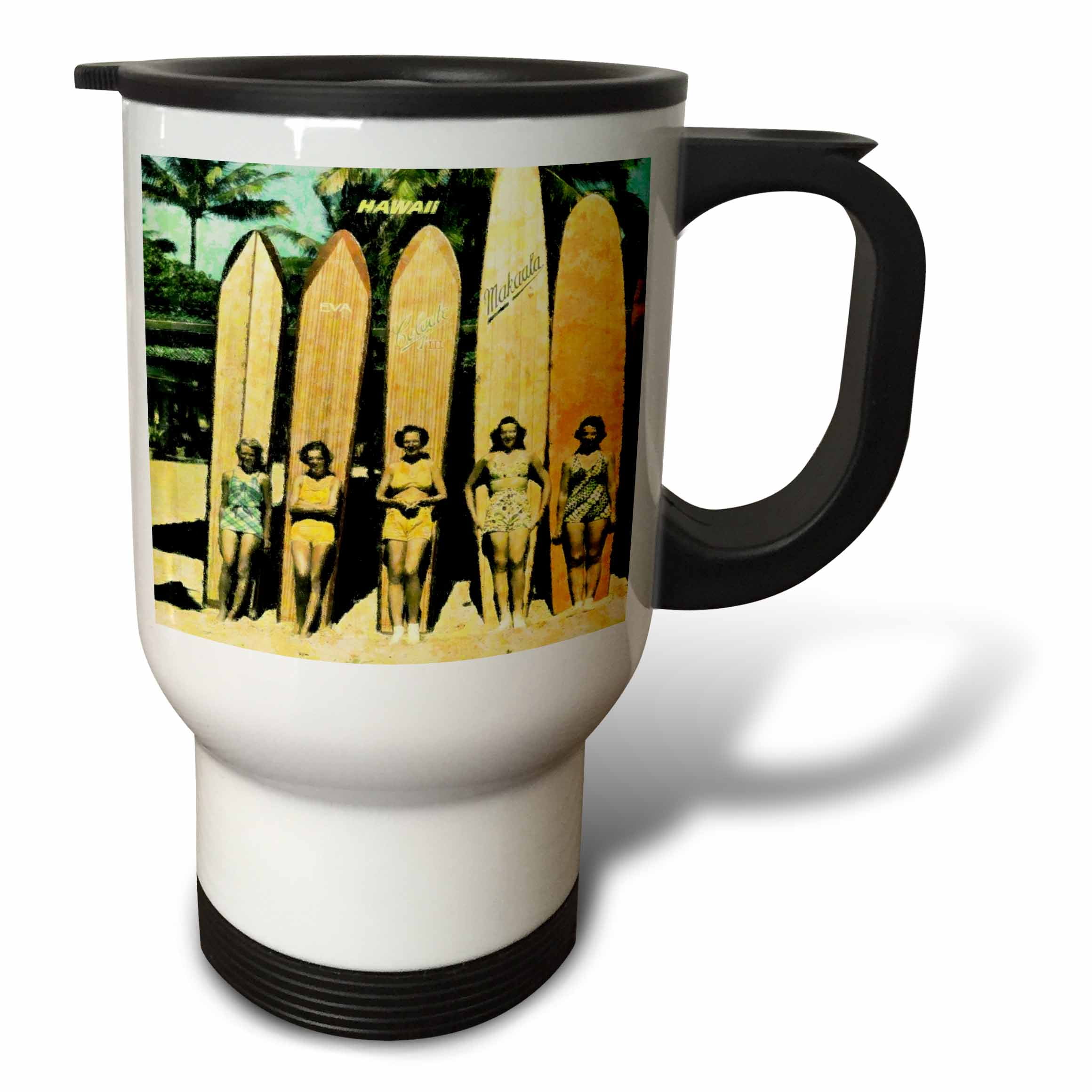 3dRose 5 Vintage Ladies In Hawaii With Surf Boards, Travel Mug, 14oz, Stainless Steel by 3dRose