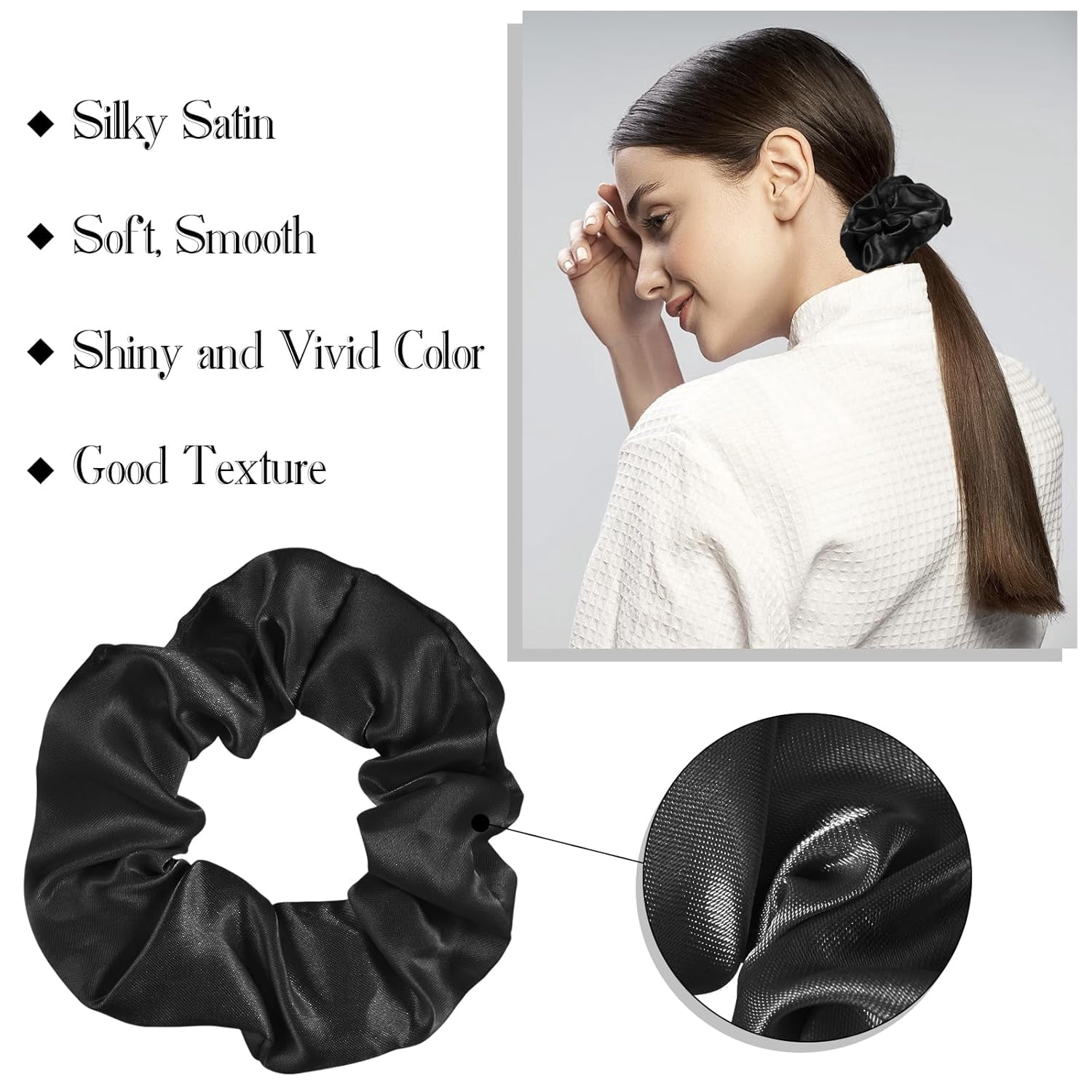 200 Pieces Satin Hair Scrunchies Bulk for Ponytail Holder Solid Color Satin Hair Tie Hair Elastics Bands for Women Teens Birthday Gift(Black)