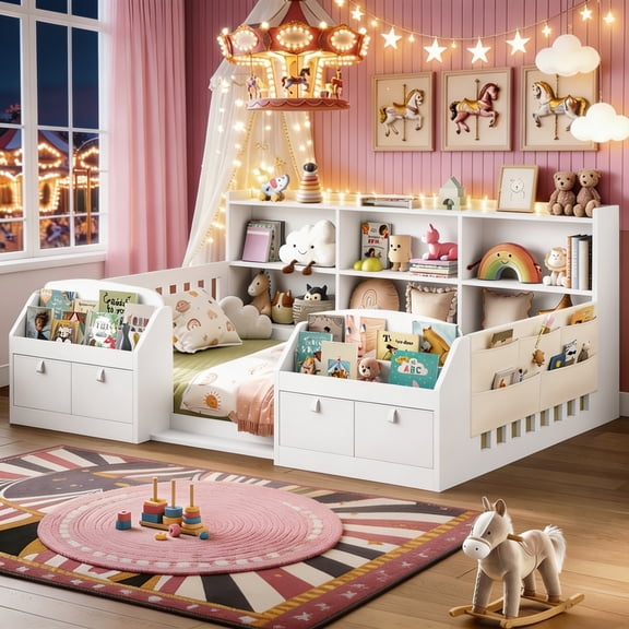 Twin Montessori Floor Bed with High Safety Rails, Bed Frame with Storage Bookcase& Shelves& Fabric Drawers, Sturdy Wooden Platform Bed Frame, White