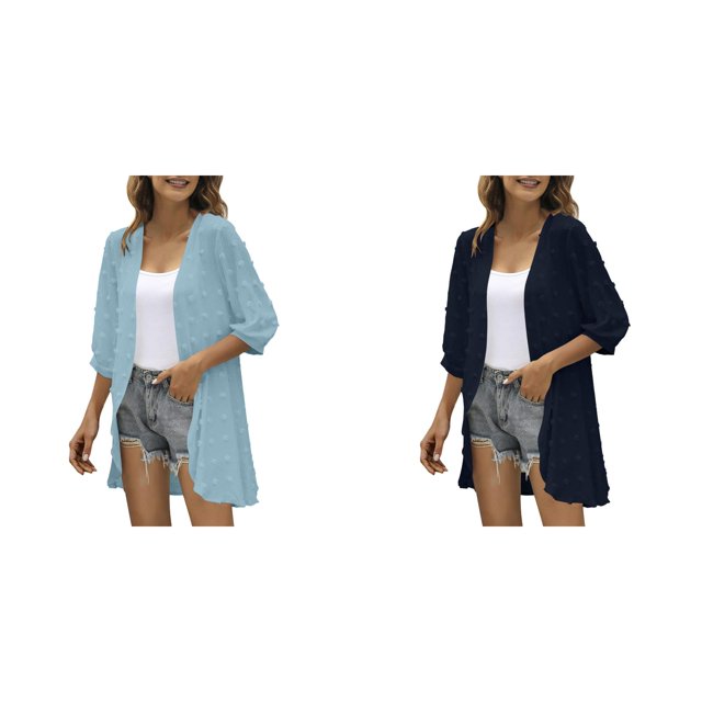 (2-Pack) Rinsvye Women Casual Cardigan Three V Neck Cardigan for Women Quarter Sleeve Open Front Leopard Cardigan Sweater Lightweight Dots Cardigan Draped Plus Size Sweater for Women Ruffles Cardiga