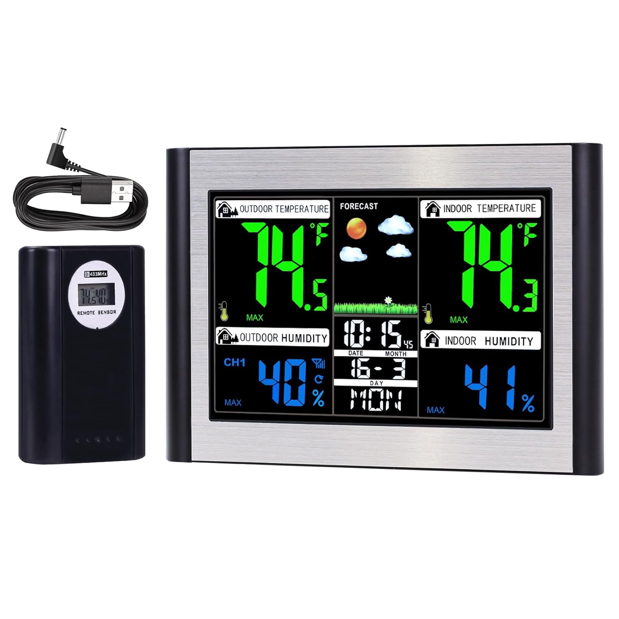 Weather Stations Wireless Indoor Outdoor Thermometer Color Display Digital Temperature Humidity Monitor with Alarm Clock USB Port Adjustable Backlight