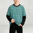 thumbnail image 2 of NEBWOAK Boys Striped Twofer Shirt, Color Block Long Sleeve Crewneck Casual Everyday Base Layer,Green, Size 10, 2 of 8