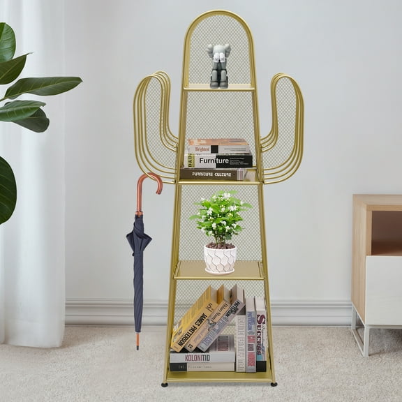 4-Tier Bookshelf Freestanding Cactus Bookcase Storage Organizer Corner Book Shelf Gold