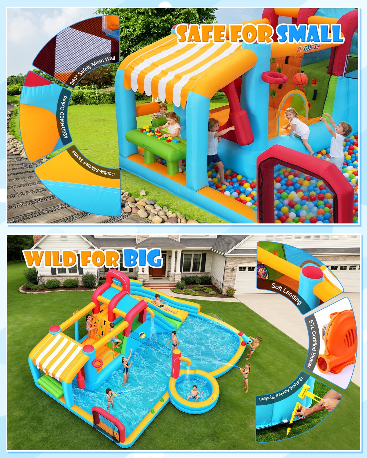 Adnoom 11in1 Inflatable Pool Water Slide for Big Kids 3~12, 21.6x17.2ft Giant Water Park, 2 Long Slide, Large Splash Pool&Deep Pool, 950w Blower, Backyard Bouncy Castle w/Jumping Area