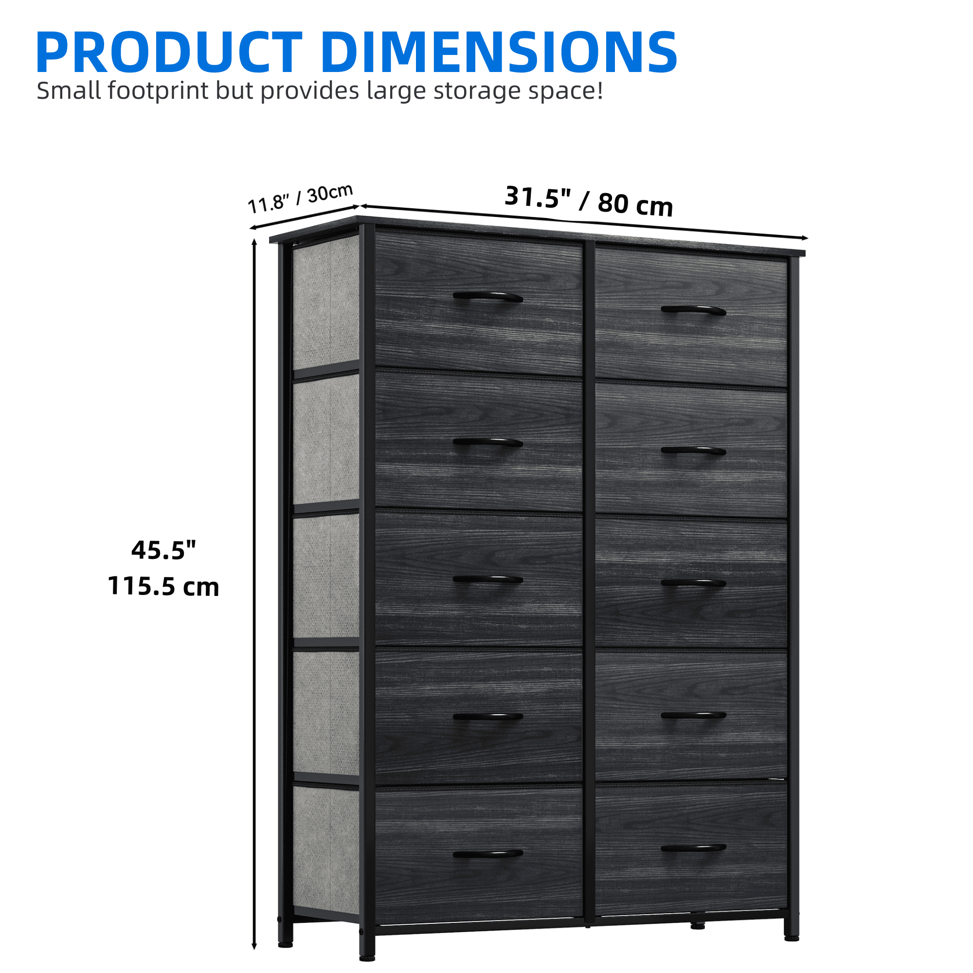 Uforic 10-Drawer Fabric Dresser, Storage Chest with Steel Frame & Wooden Top for Bedroom, Black