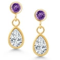 thumbnail image 2 of Gem Stone King 14K Yellow Gold White Moissanite and Purple Amethyst Dangle Earrings for Women (1.00 Cttw, Gemstone Birthstone, Pear Shape 6X4MM, Round 3MM), 2 of 4
