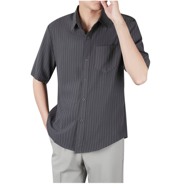 Camisa de Manga Corta de los Hombres con Botón, Raya Casual de Verano, Camisa de Cuello de Bolsillo Delgado