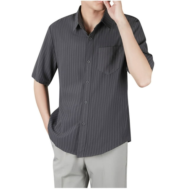 Camisa de Manga Corta de los Hombres con Botón, Raya Casual de Verano, Camisa de Cuello de Bolsillo Delgado