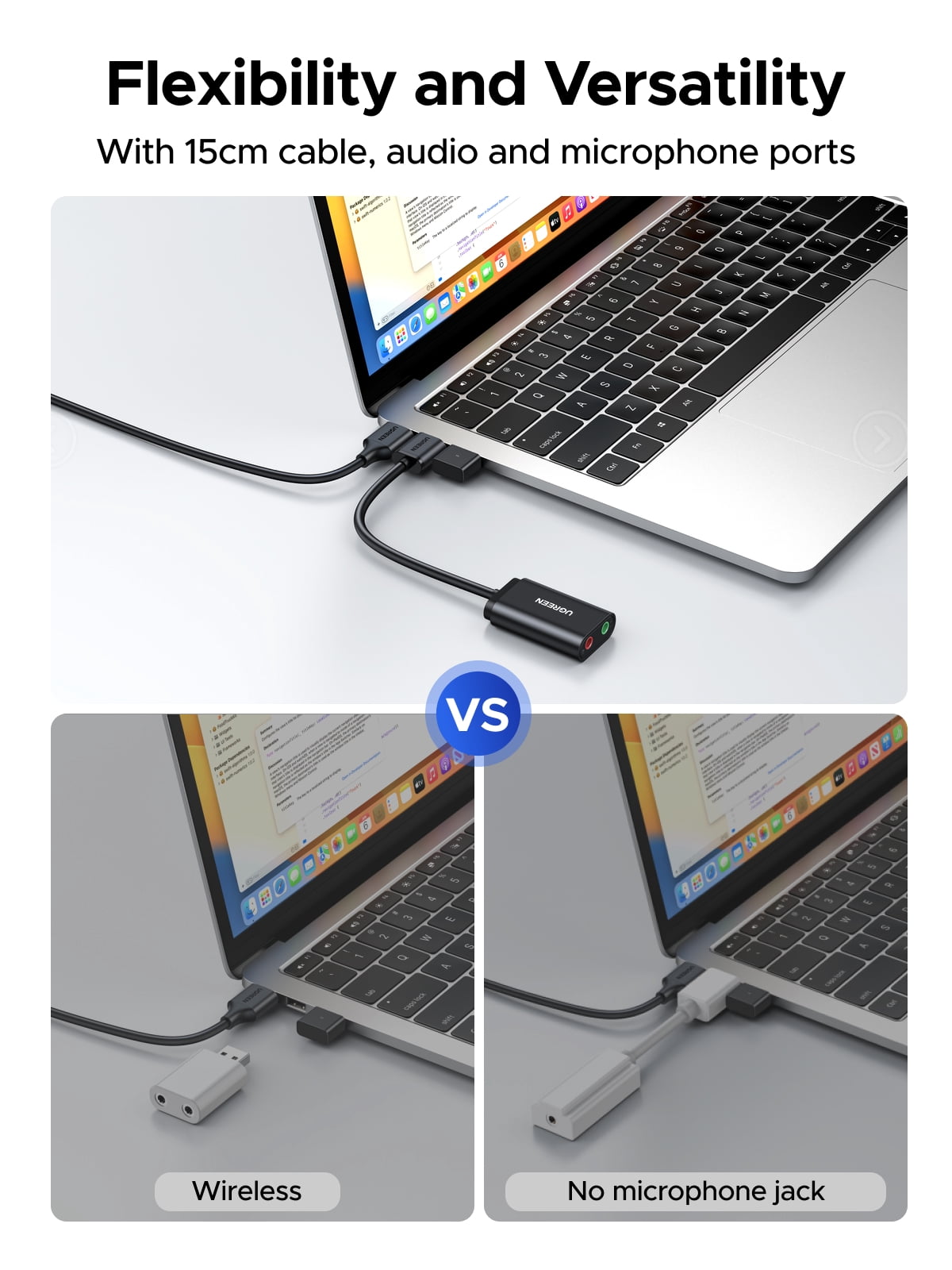 UGREEN USB to 3.5mm Audio Adapter Sound Card, External DAC 16bit 48kHz USB to Aux Adapter with Dual Headphone and Mic Jack for PC Laptop Windows,PS5, compatible with Mac - Black