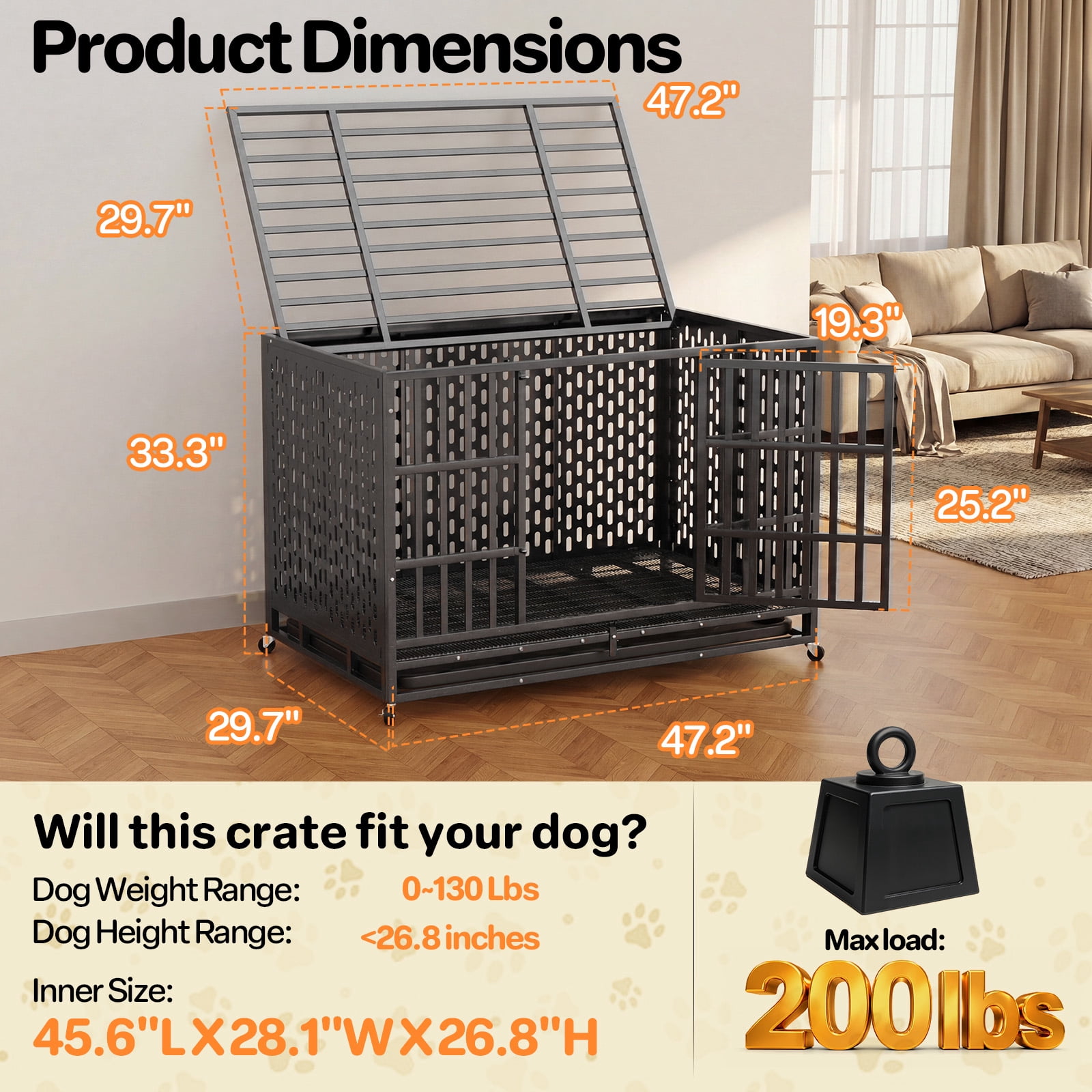 YOKWOK 48 Inch Heavy Duty Indestructible Dog Crate Cage, Chew Proof & Escape-Proof XL Kennel for High Anxiety Large Dogs, with Locking Wheels and Removable Tray for Indoor & Outdoor Use, Black