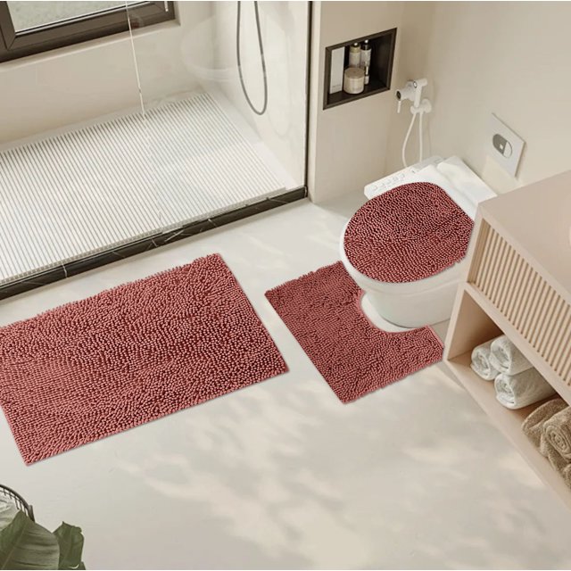 xihbxyly juego de baño Cortina de ducha con diseño de corazón romántico, alfombrillas impermeables y almohadilla absorbente en U multicolor; vista cenital de set de tres piezas en tono rojo terroso con textura tipo chenilla: alfombra rectangular grande, alfombra frontal para inodoro y cubre-tapa en U colocadas sobre piso claro junto a la ducha, opción de regalo para San Valentín.