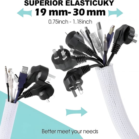 GJX 2-Pack White Cable Sleeve Cover,5 Ft x 1.2" Desk Cord Organizer,Wire Loom Tubing for Home,Office,TV & Computer,Pet-Proof Cord Protector