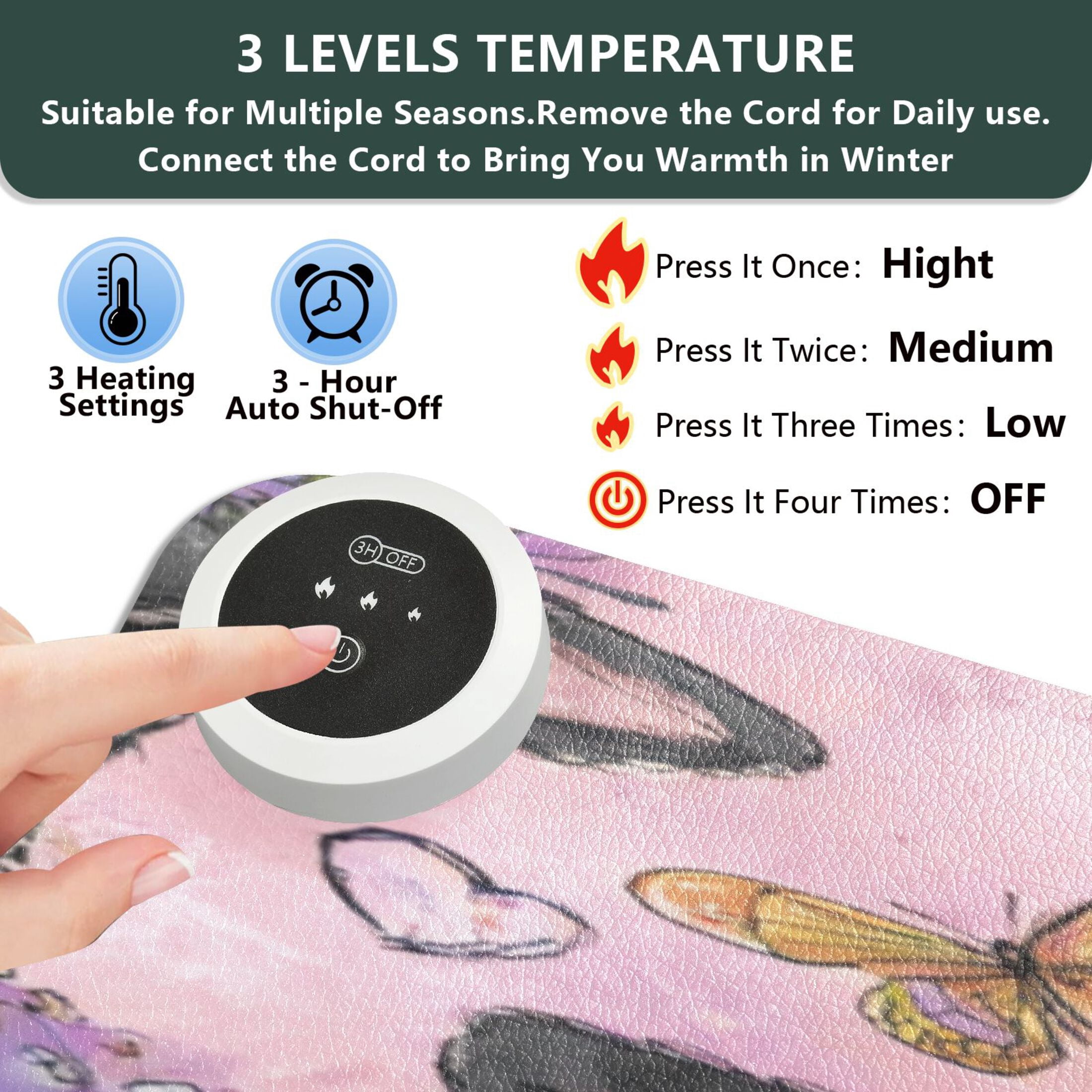Large Heated Desk Mat Mouse Pad 31.5"x13"PU Leather Graphene Heating Desk Warmer with 3 Temperature Settings 110V US Plug Non-Slip Warm Pad for Home, Office, and Gaming Beautiful Cows with Flowers