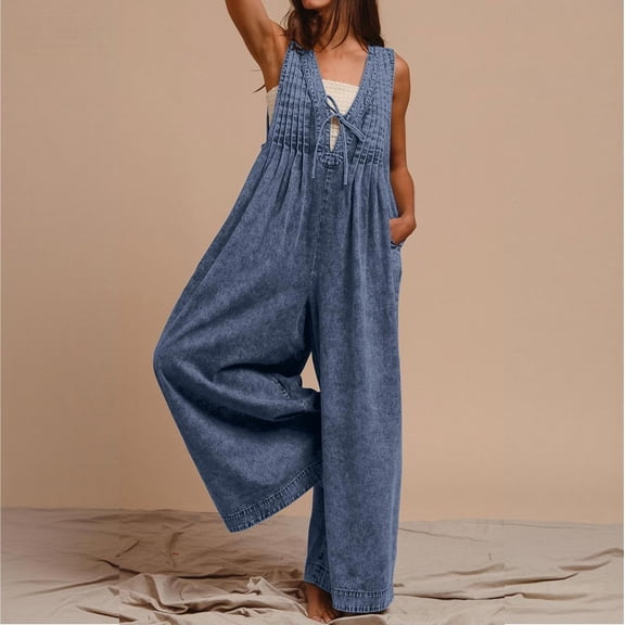 Womens Denim Jumpsuit Sleeveless Wide Leg Overalls Casual Loose Fit Summer V-Neck Tie Front Jean Romper, XL