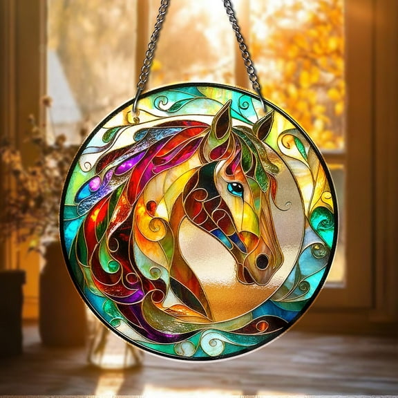 Colorful Horse Stained Glass Suncatcher – Handmade Round Window Hanging with Vibrant Equestrian Art for Horse Lovers, Rustic Farmhouse Decor
