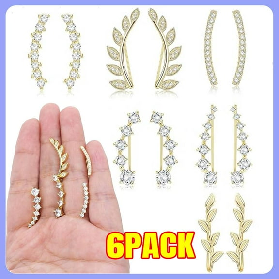 6Pairs Ear Cuffs Climber Earrings for Women Silver Plated Cartilage Crawler Earring Cubic Zirconia Hypoallergenic Piercing Post Pin Stud