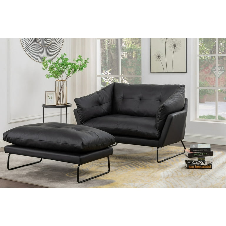 Vegan Leather Loveseat Sofa with Bench Ottoman, Upholstered Sofa