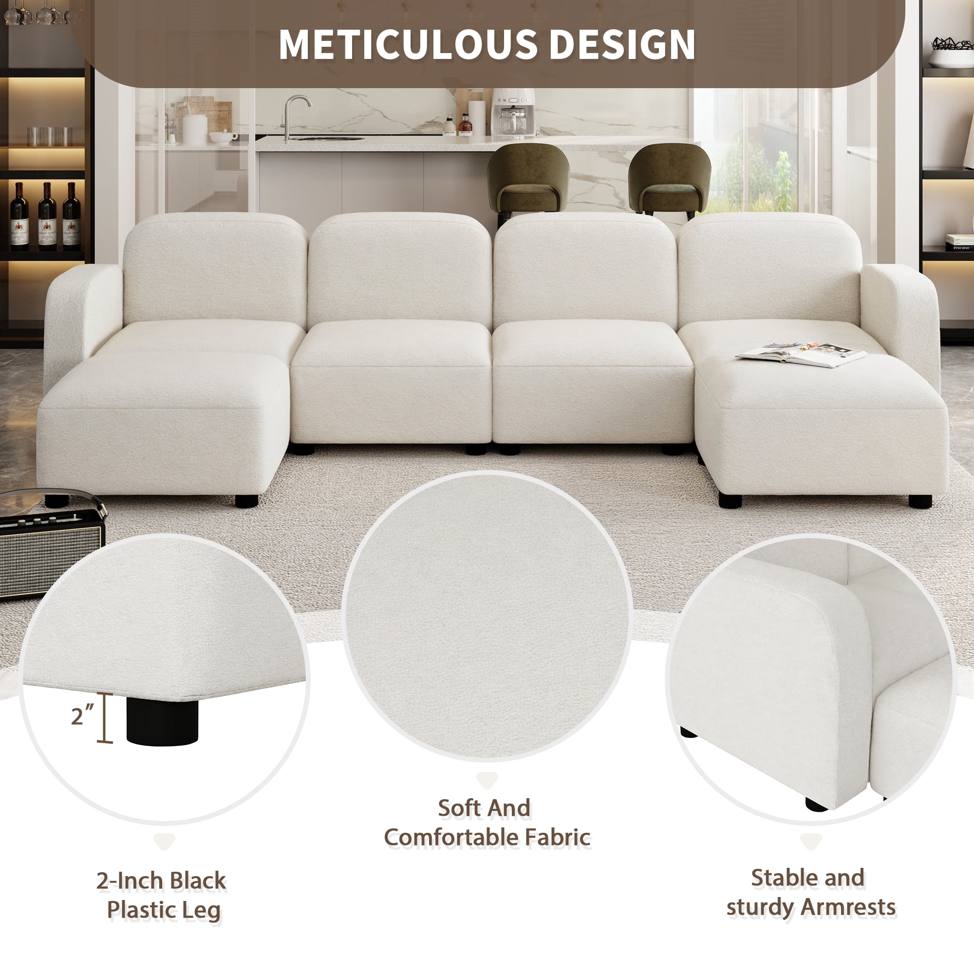 MAYEERTY 116x58" Velvet Modular Sectional Sofa - U-Shaped Reversible 6-Seat Sleeper Cloud Couch with Ottoman, Convertible for Living Room, Beige
