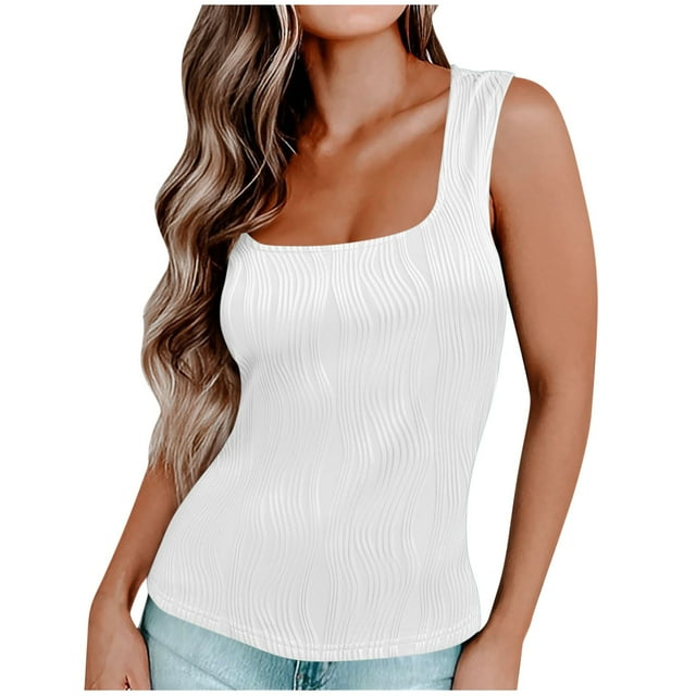 FAIWAD Womens Summer Square Neck Tank Tops 2024 Casual Slim Fitted Textured Basic Tops Sleeveless Shirts