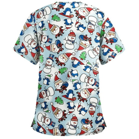 

Christmas Nurses Uniform for Women Soft V Neck Funny Santa Print Cute Scrub_tops Short Sleeve Holiday Work Shirt