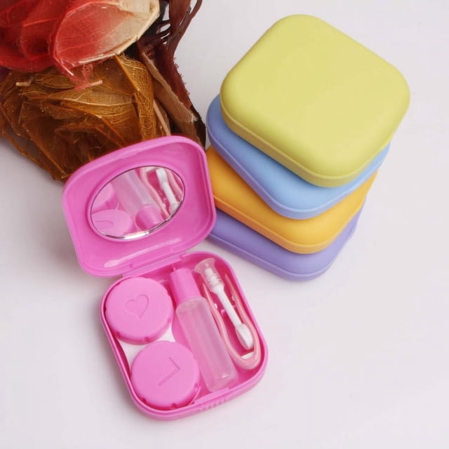 Estuche para lentillas, miniestuche para lentillas, bonito juego de viaje colorido con espejo, pinzas, frasco, rosa