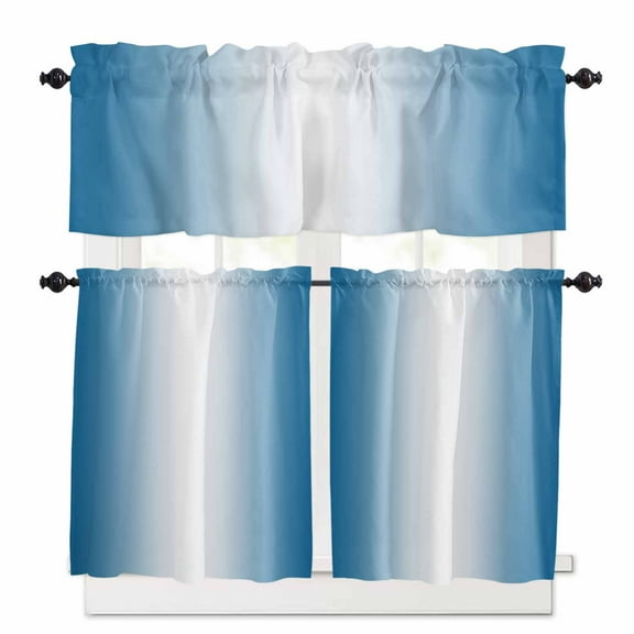 Blue Ombre Kitchen Curtain Set, Blue White Gradient Modern Abstract Art Window Valance and Tiers 36" Length, Light Filtering Short Curtains Valance for Cafe Bathroom Bedroom 54"x18"
