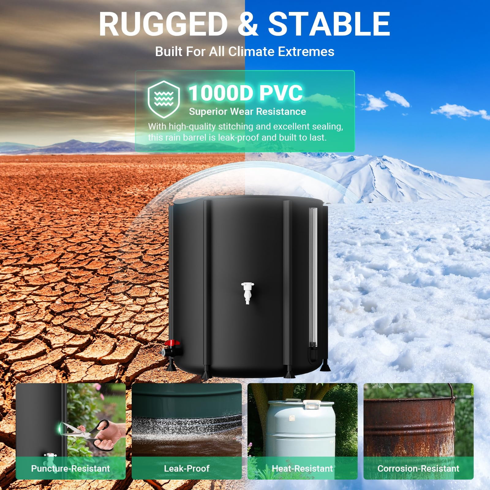 53 Gallon Collapsible Rain Barrel 1000D Rainwater Collection Storage Tank with Garden Hose