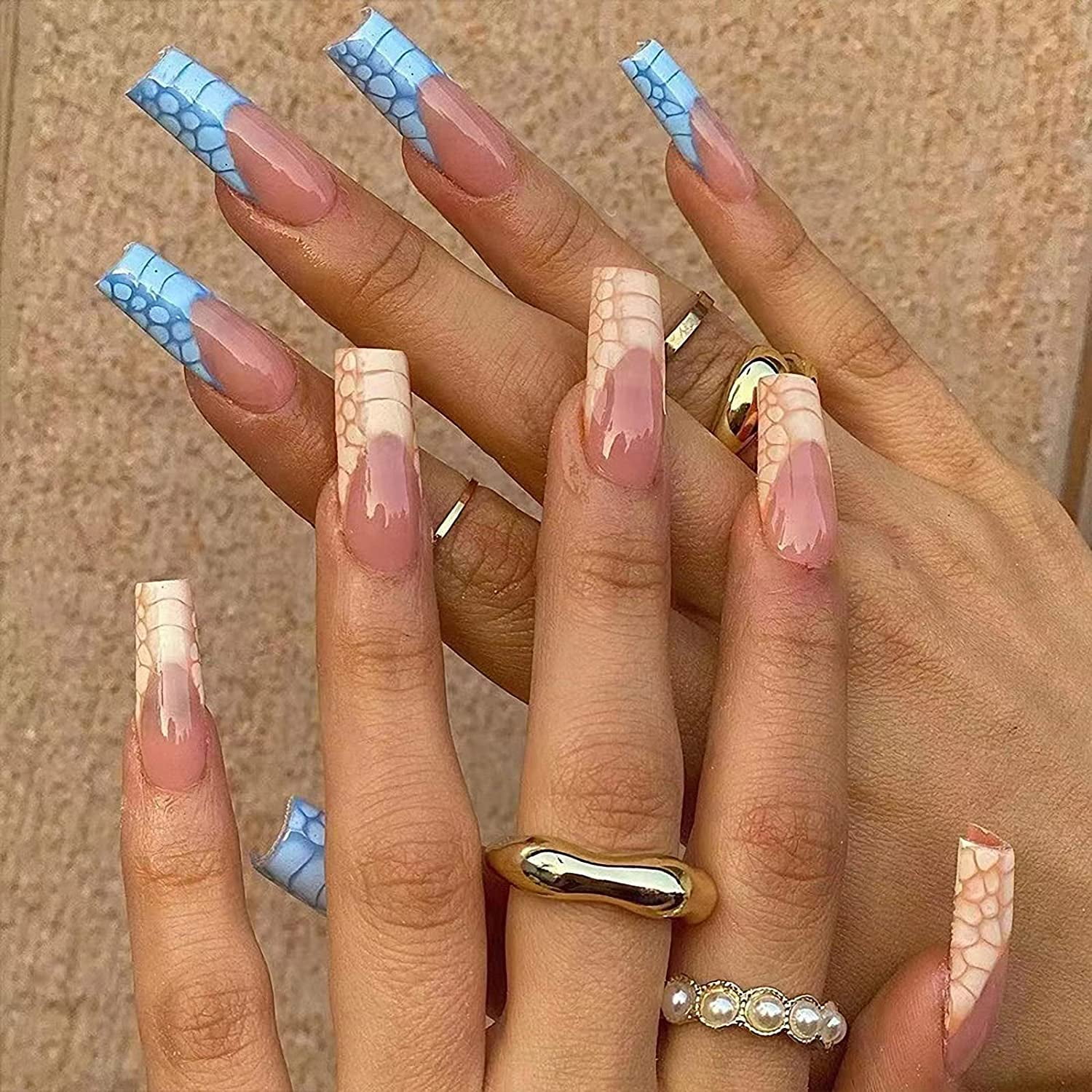 French Tip Press On Nails Long Coffin False Nails Glossy Fake Nails Yellow  & Blue Glue On Nails Full Cover Acrylic Nails With Designs For Women And  Girls 24Pcs - Walmart.Com