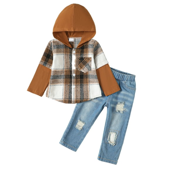4T Baby Boys Outfits 5T Boys Fall Winter Pant Sets Toddler Boys Long Sleeve Hooded Plaid Top Ripped Jeans Pants 2PCS Set Brown