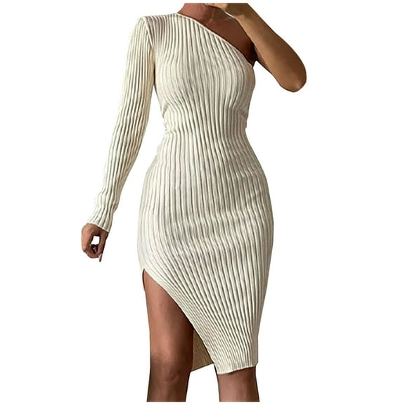 One Shoulder Dress for Women Long Sleeve Ribbed Slim Fitted Side Slit Tight Dress Solid Color Knee Length Fall Dress