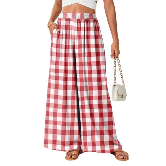 Women's Plaid Wide Leg Palazzo Pants, High Waisted Gingham Long Trousers with Pockets, Casual Summer Beach Flowy Pants, S-2XL